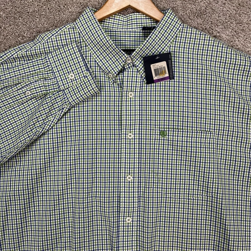 IZOD Shirt Mens 2XL Green Blue Gingham‎ Check Long Sleeve Button Down Woven